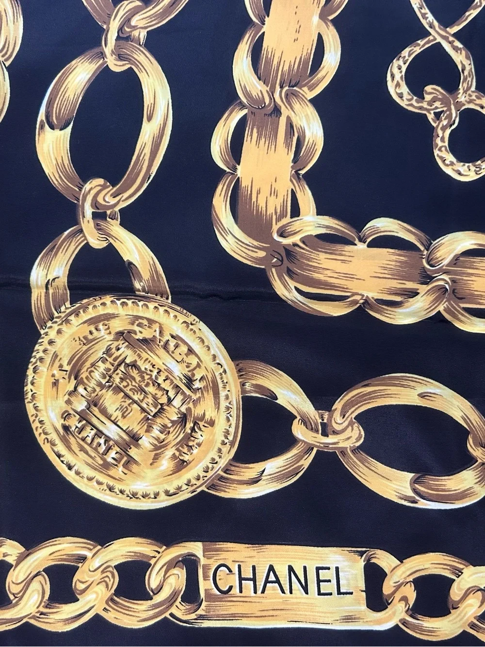 CHANEL Black and Gold Silk Scarf with Chain Motif